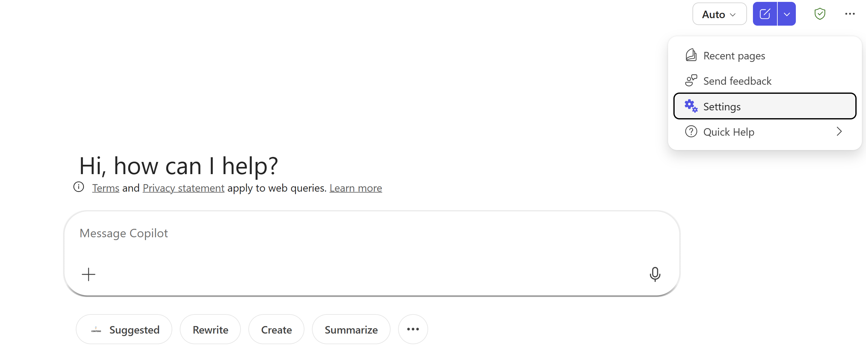Screenshot of the Settings option in Copilot Chat